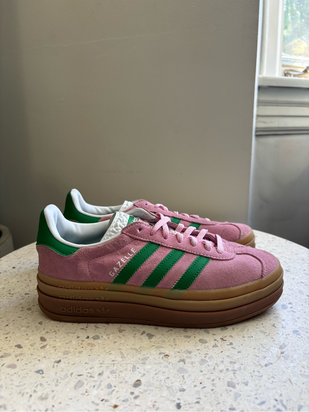 adidas Gazelle Pink and Green Suede Platform Sneakers